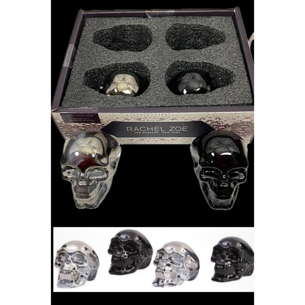 Rachel Zoe Solid Crystal Skulls 3 Inch Black & Silver Set of 4 Tabletop Decor